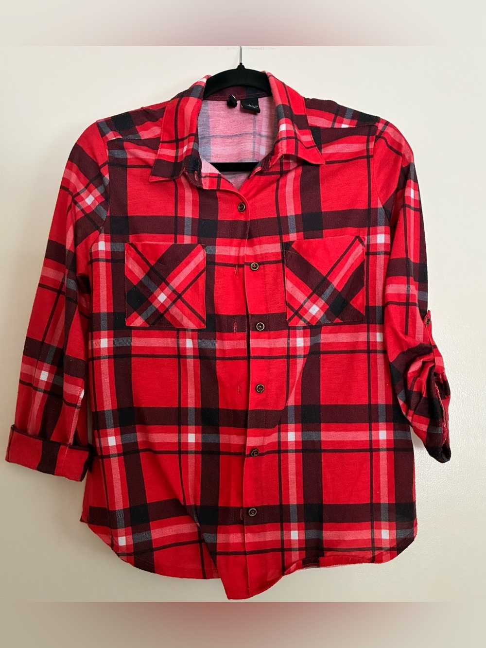 Ultra Flirt Girls’ Kids Large Red & Black Plaid Button-Up Shirt roll up sleeves